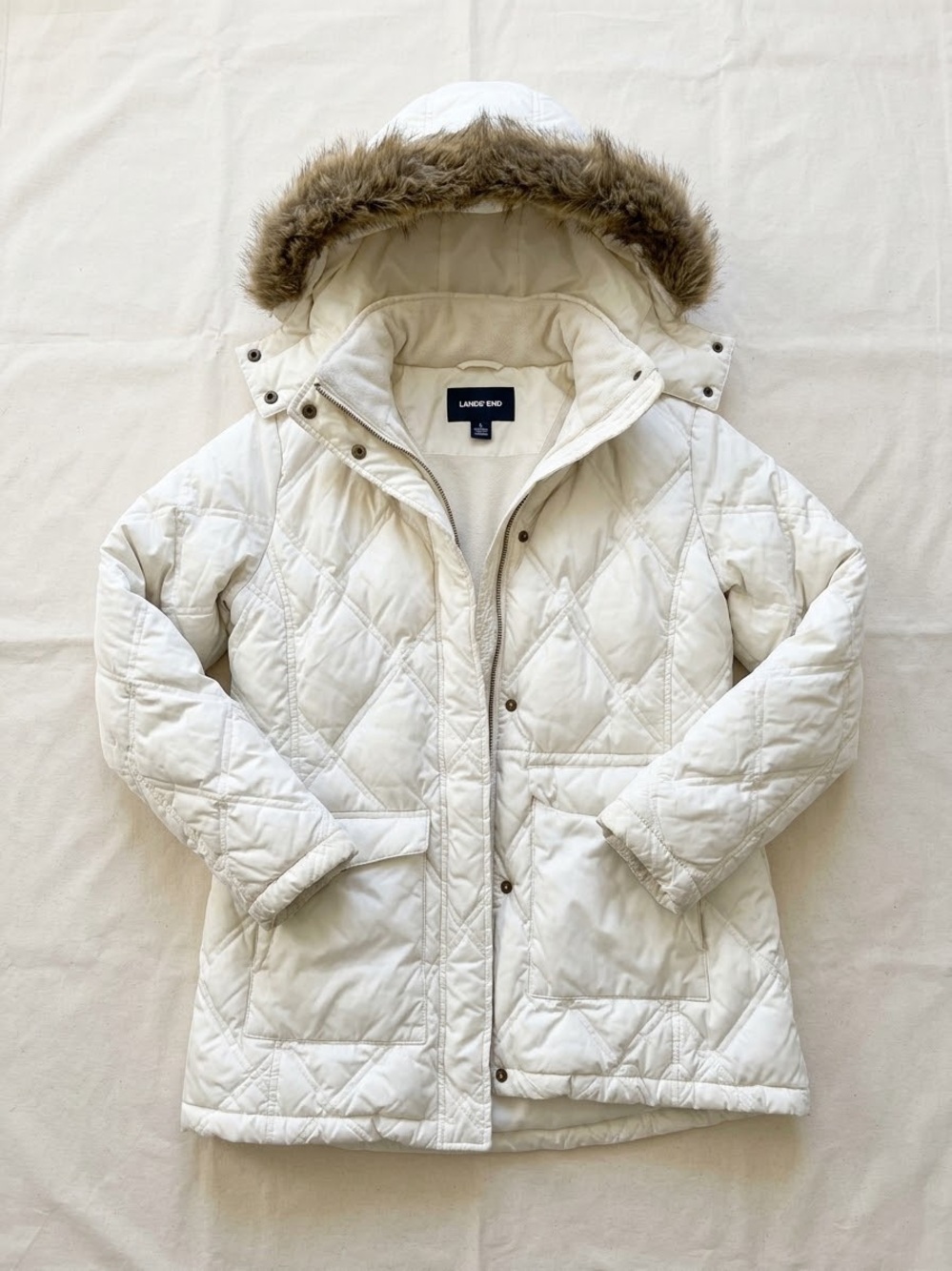 Lands' End Women's Quilted Hooded Puffer Coat in Off-White with Faux Fur Trim